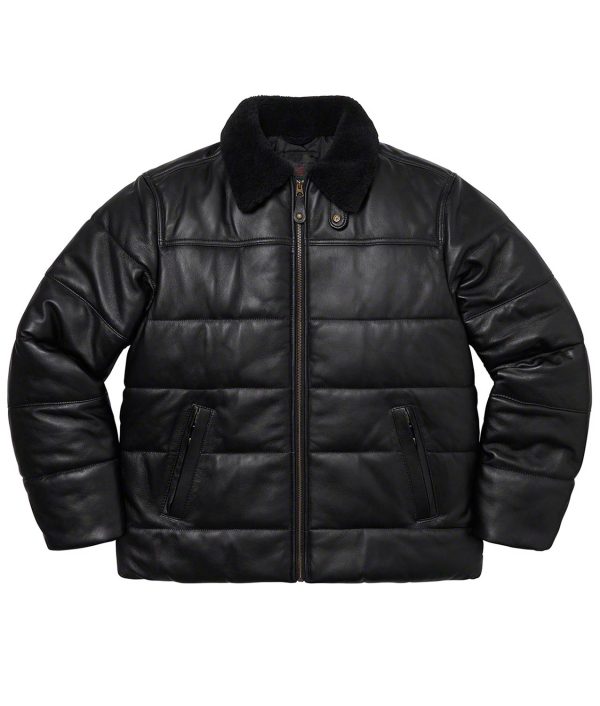 Puffer Fur Collar Leather Jacket black