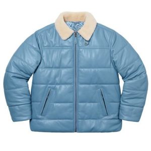 Puffer Fur Collar Leather Jacket blue