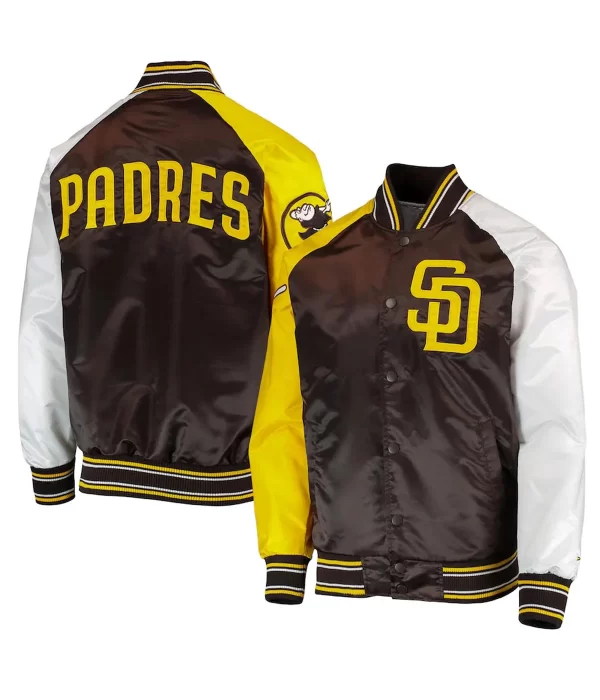 San Diego Padres Raglan Reliever Gold and Brown Satin Varsity Jacket