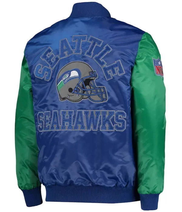 Seattle Seahawks Throwback Blue and Green Satin Varsity Jacket back