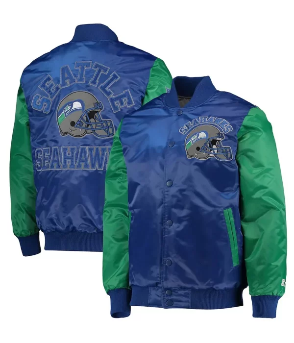 Seattle Seahawks Throwback Green and Blue Varsity Satin Jacket