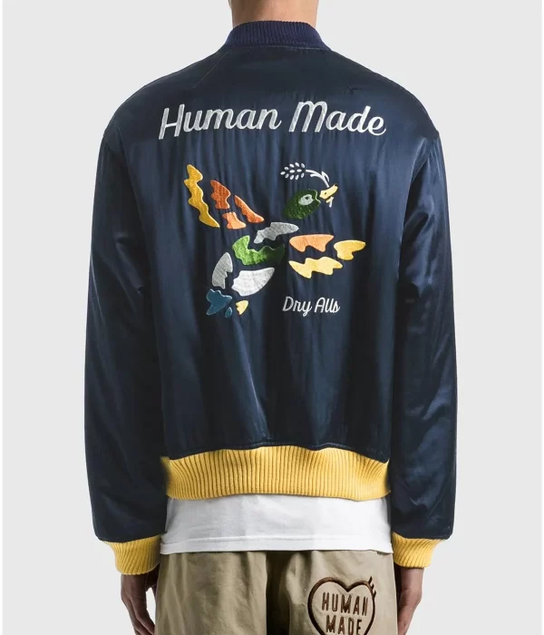 Human Made Silk Embroidery Duck Bomber Blue Jacket back