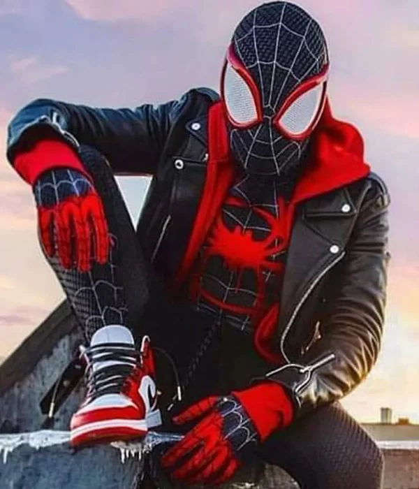 Spider‑Man Miles Morales Biker Red Black Hoodie Jackets