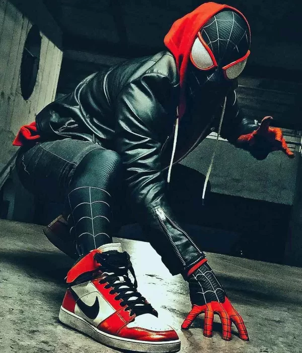 Spider‑Man Miles Morales Biker Black Red Hoodie Jacket