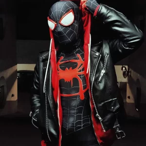 Spider‑Man Miles Morales Black Red Biker Hoodie Jacket