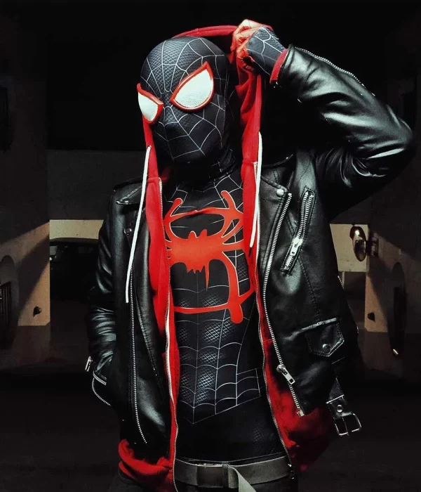 Spider‑Man Miles Morales Black Red Biker Hoodie Jacket