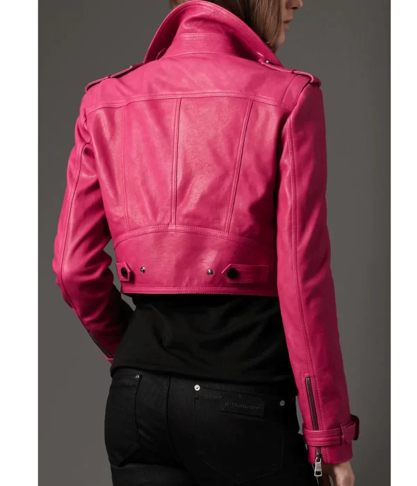 Women’s Cropped Fuchsia Leather Biker Pink Jacket back