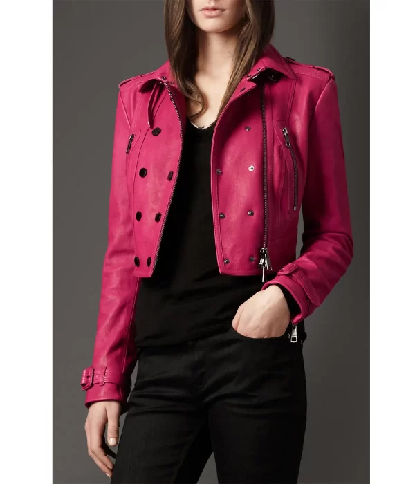 Women’s Cropped Fuchsia Pink Biker Leather Jacket