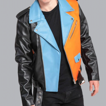 Men’s Asymmetrical Zipper Moto Style Color Block Leather Jacket