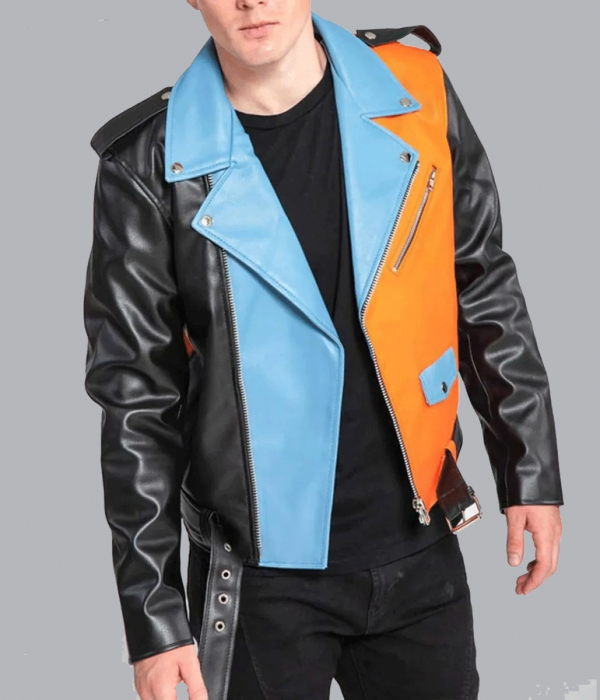 Men’s Asymmetrical Zipper Moto Style Color Block Leather Jacket