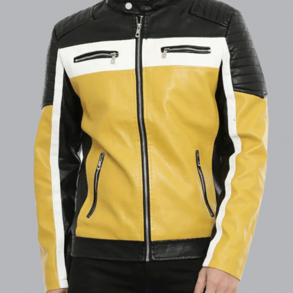 Men’s Color Block Quilted Leather Motorcycle Jacket