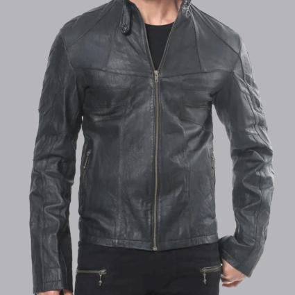 Men’s Front Pockets Designer Studded Lambskin Black Leather Jacket