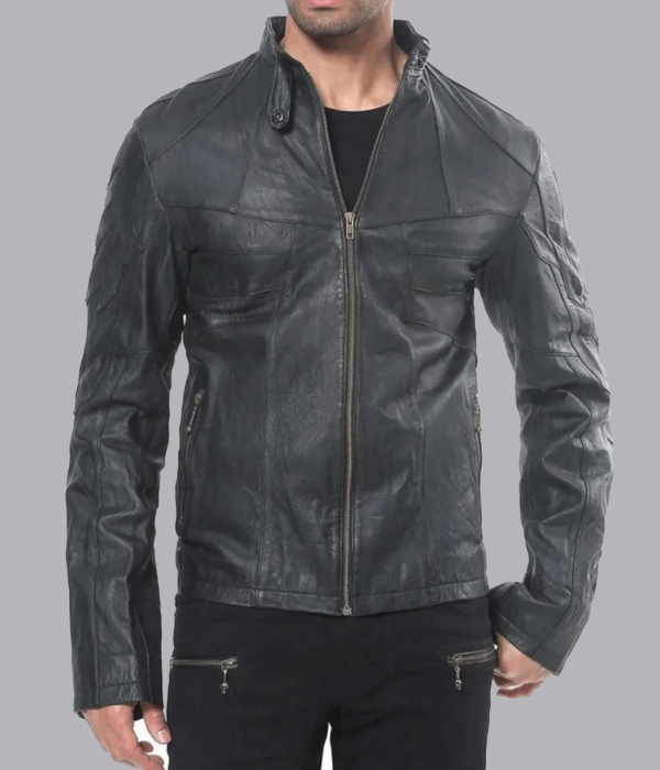 Men’s Front Pockets Designer Studded Lambskin Black Leather Jacket