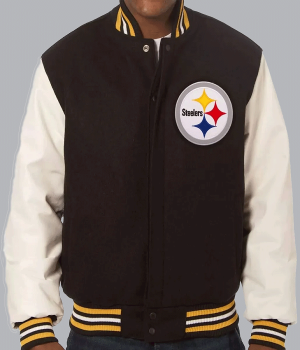 Pittsburgh Steelers White and Black Varsity Leather Jacket