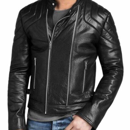 Asymmetrical Padded Shoulder Black Leather Jacket