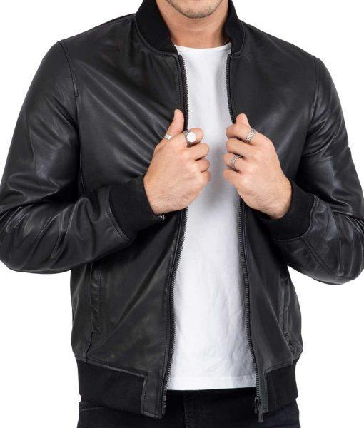 Black Real Leather Bomber Jacket