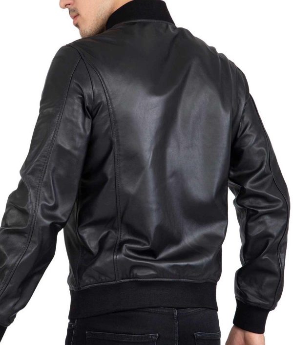 Black Real Leather Bomber Jacket back