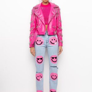 AEW Grand slam Saraya Pink Studded Moto Leather Jacket