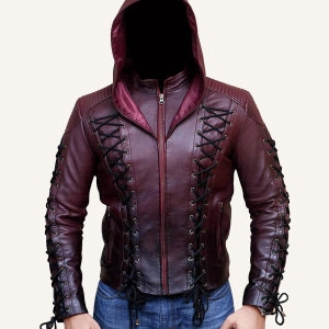 Arrow Arsenal Leather Maroon Jacket with Hoodie