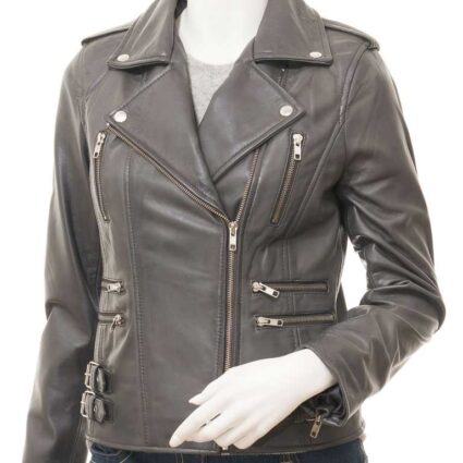 Ladies Grey Leather Biker Jacket