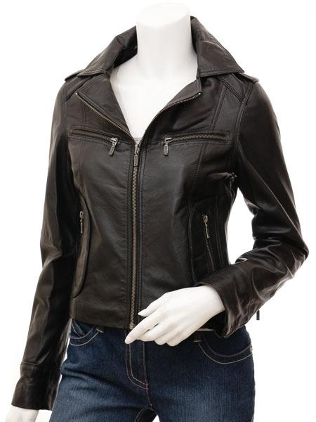 Ladies Leather Biker Jacket In Black