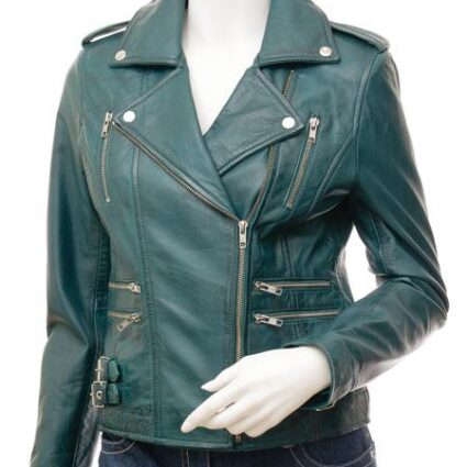 Ladies Leather Biker Jacket In Teal