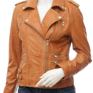 Ladies Leather Tan Biker Jacket