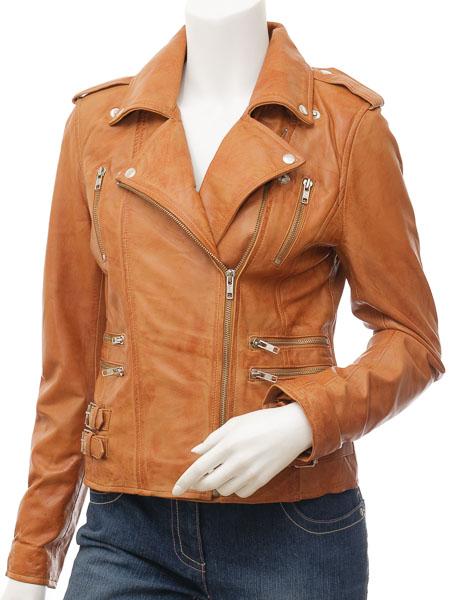 Ladies Leather Tan Biker Jacket