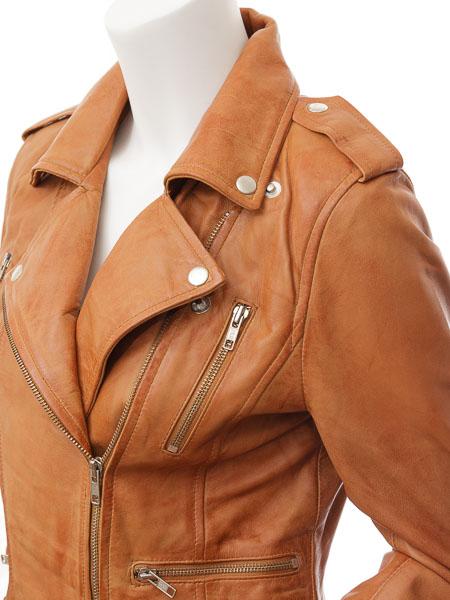 Ladies Tan Leather Biker Jacket