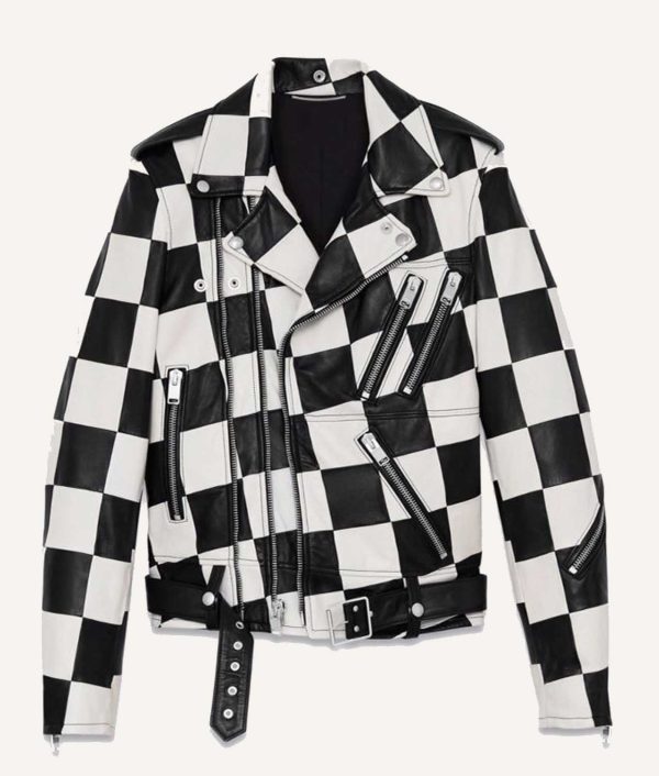 Men’s Biker Checkerboard Leather Jacket