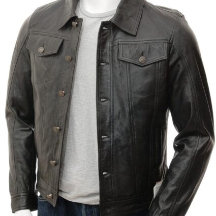 Mens Black Leather Trucker Jacket