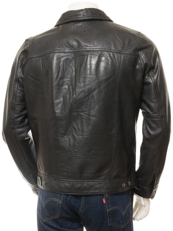 Men's Black Leather Trucker Zip Jacket