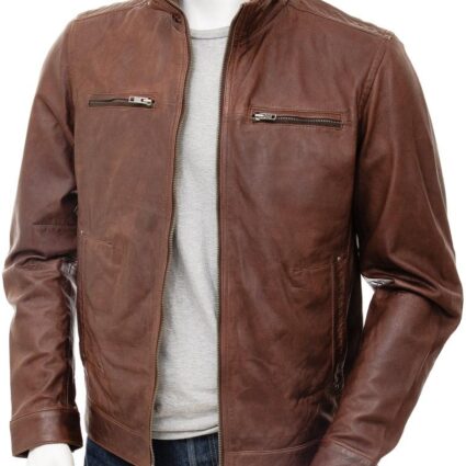Mens Brown Leather Biker Racer Jacket