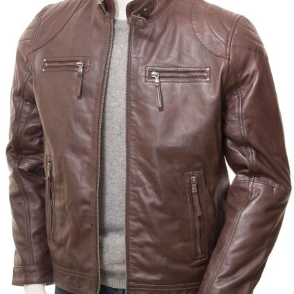 Men's Brown Leather Biker Racer Jacket