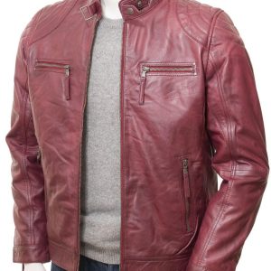 Men's Burgundy Leather Biker Racer Jacket