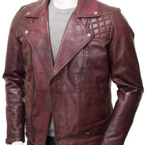 Men's Burgundy Leather Zip Biker Jacket