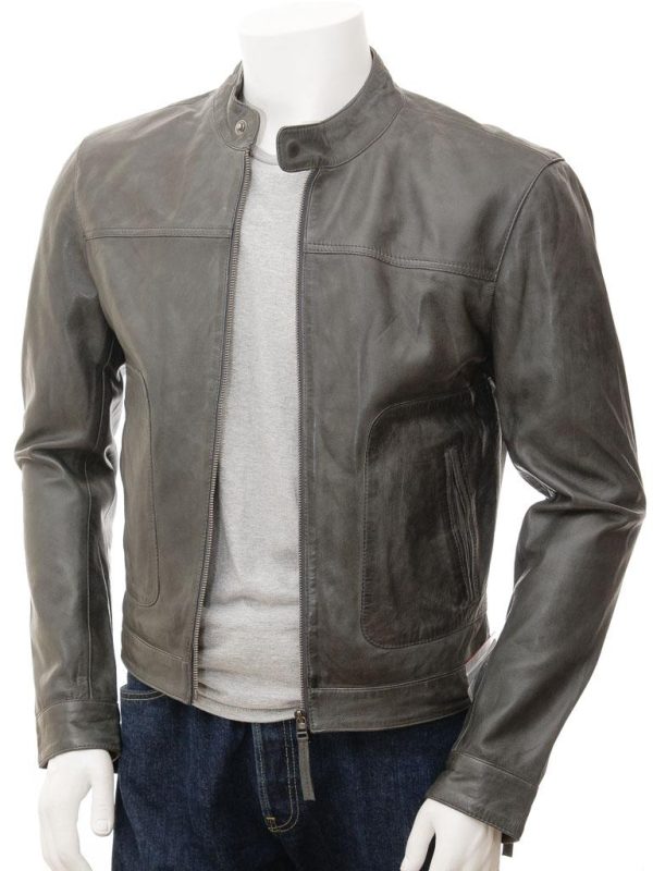 Men's Grey Leather Biker Jacket