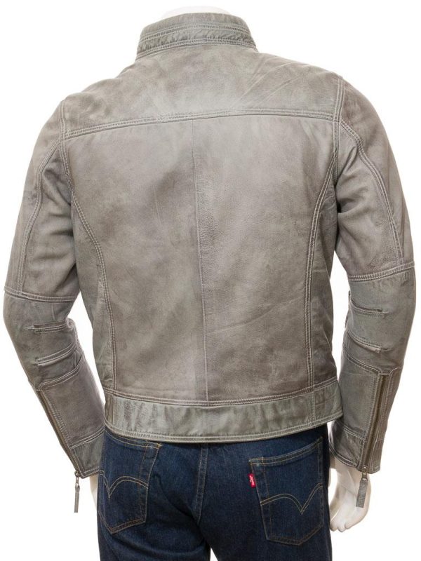 Men's Grey Leather Biker Zip Jacket