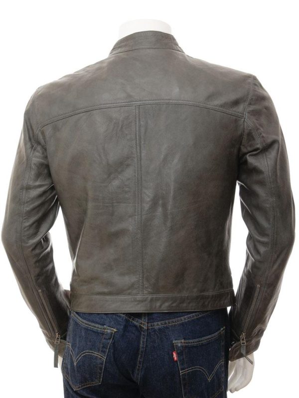 Men's Grey Leather Biker Zip Jacket