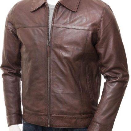 Men's Leather Biker Jacket In Brown