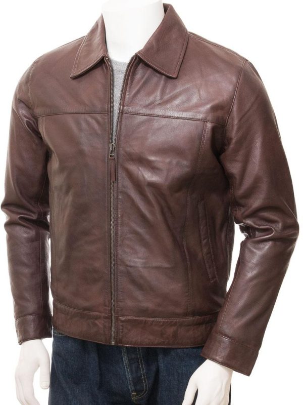 Men's Leather Biker Jacket In Brown