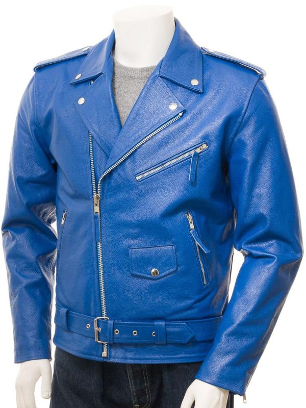 Men's Leather Blue Biker Jacket