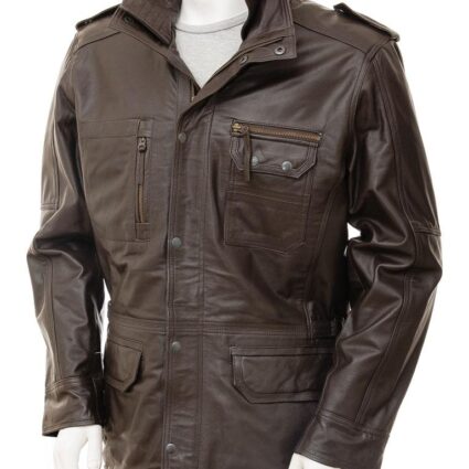 Mens Leather Longer Length Brown Coat