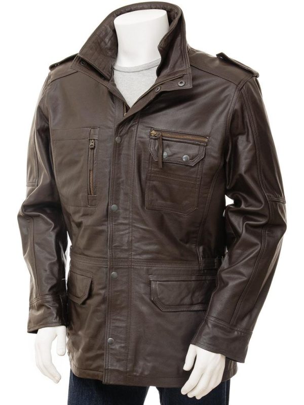 Mens Leather Longer Length Brown Coat