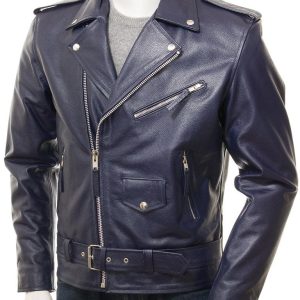 Men's Navy Blue Leather Biker Jacket