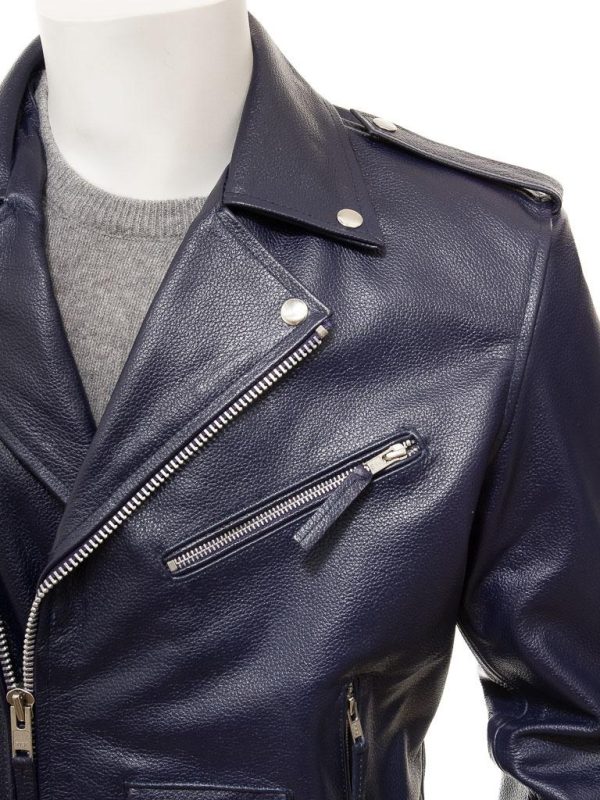 Men's Navy Leather Biker Jacket