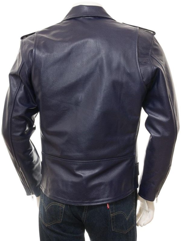 Men's Navy Leather Biker Zip Jacket