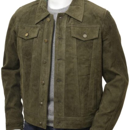 Men's Olive Suede Trucker Denim Jacket