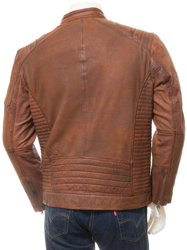 Men's Tan Leather Biker Zip Jacket