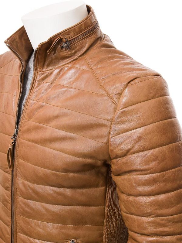 Men's Tan Quilted Zip Leather Jacket